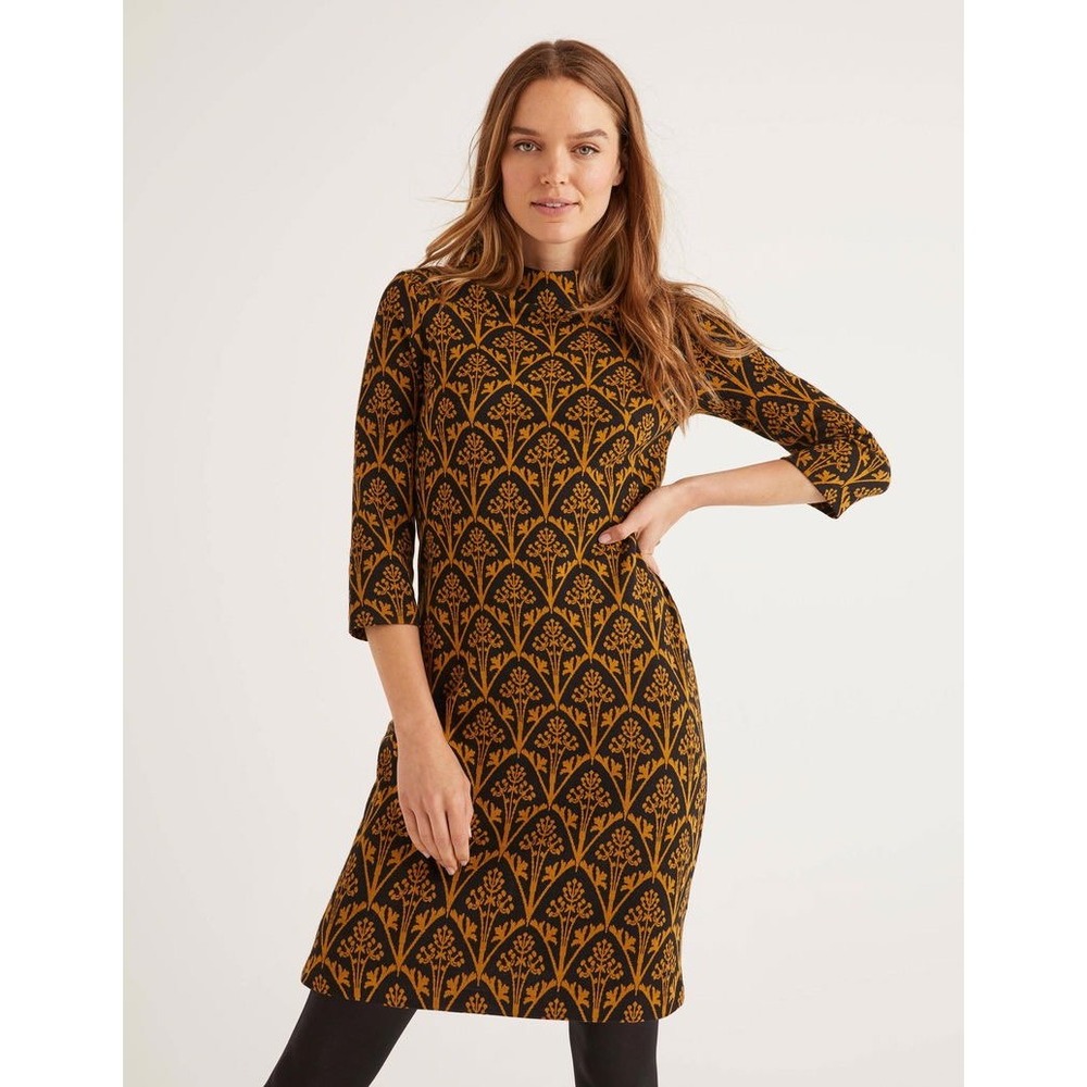 Boden Victoria Jacquard Dress Size 2 Petite Black Mustard Gold Knit Sheath Dress